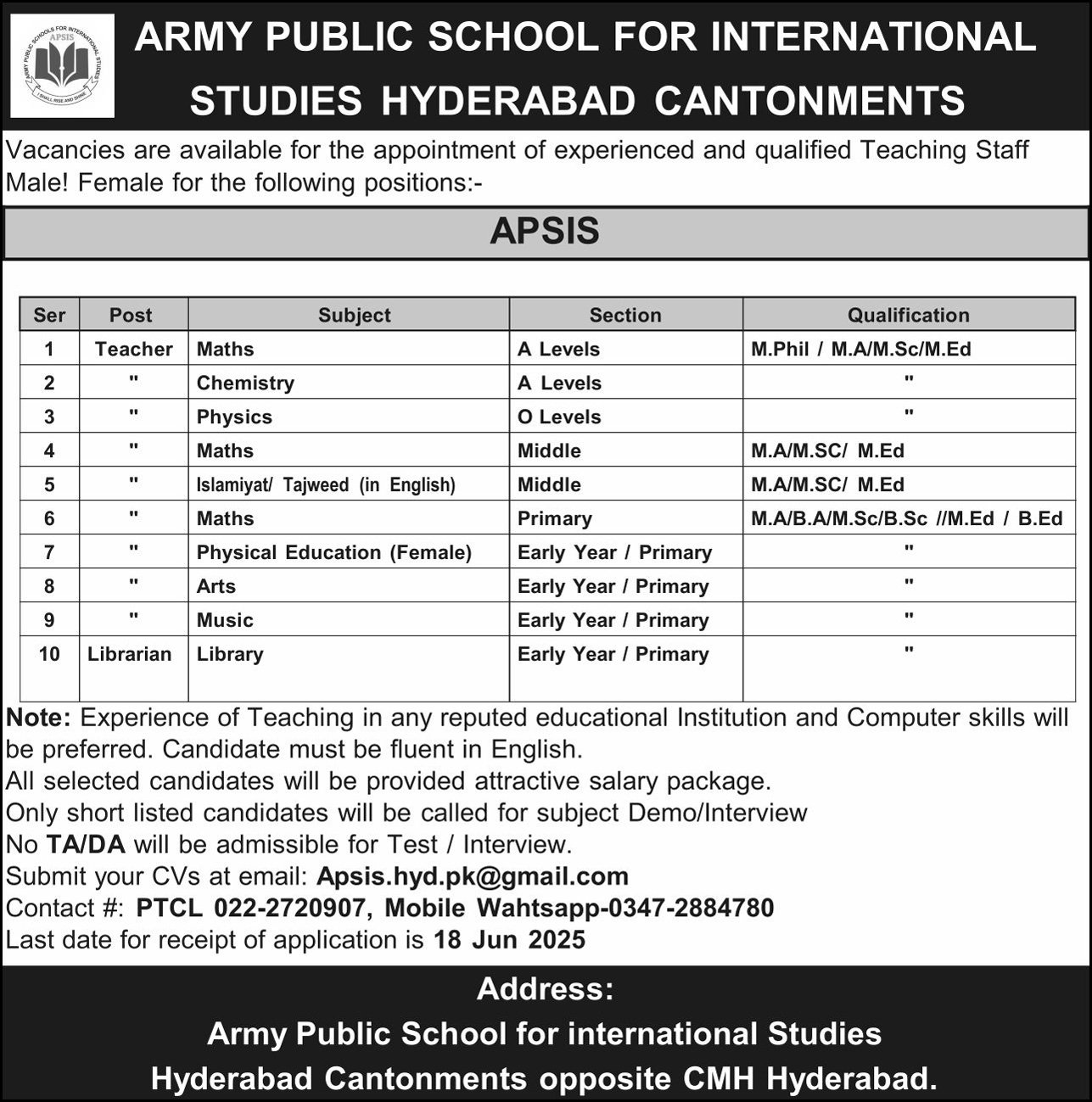 Army Public School For International Studies Jobs – Army Public School & College Paksitan Jobs 2025 — original advertisement
