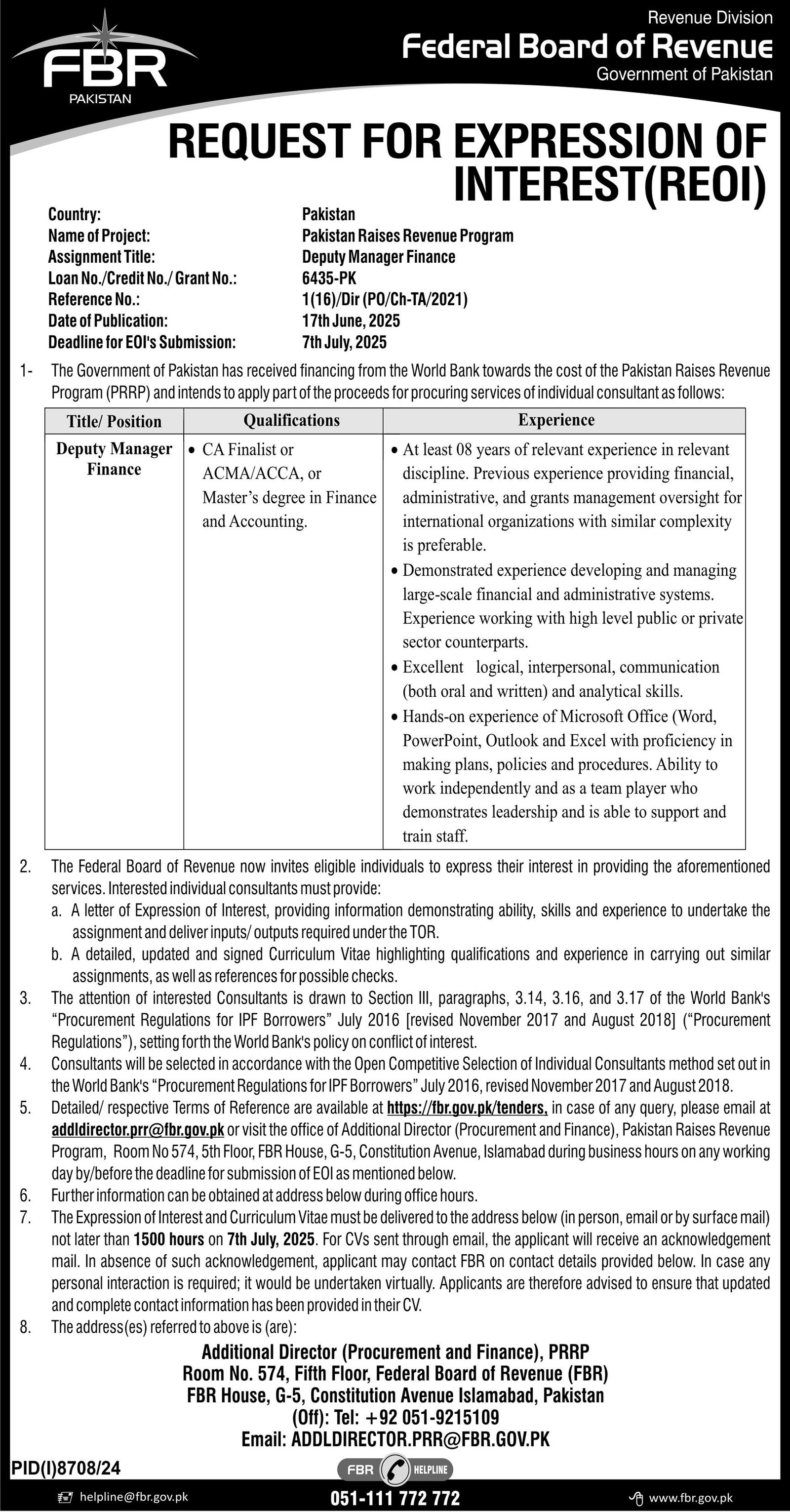 Federal Board Of Revenue FBR Islamabad Job 2025 Jobs 2025 — original advertisement