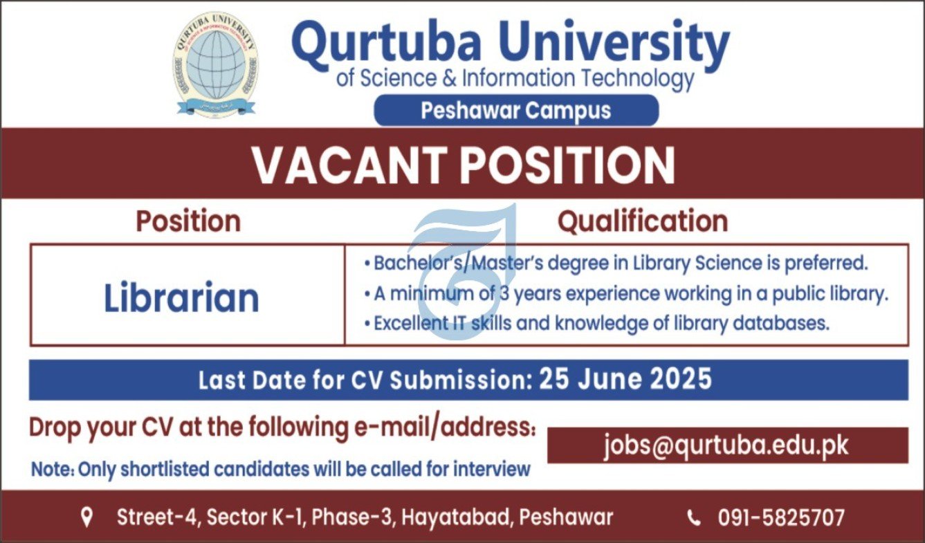 Qurtuba University Peshawar Jobs 2025 For Librarian Jobs 2025 — original advertisement