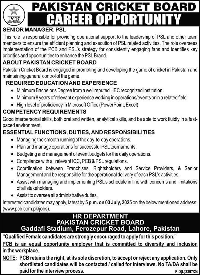 Pakistan Cricket Board PCB Jobs 2025 – Pakistan Cricket Board (PCB) Jobs 2025 — original advertisement