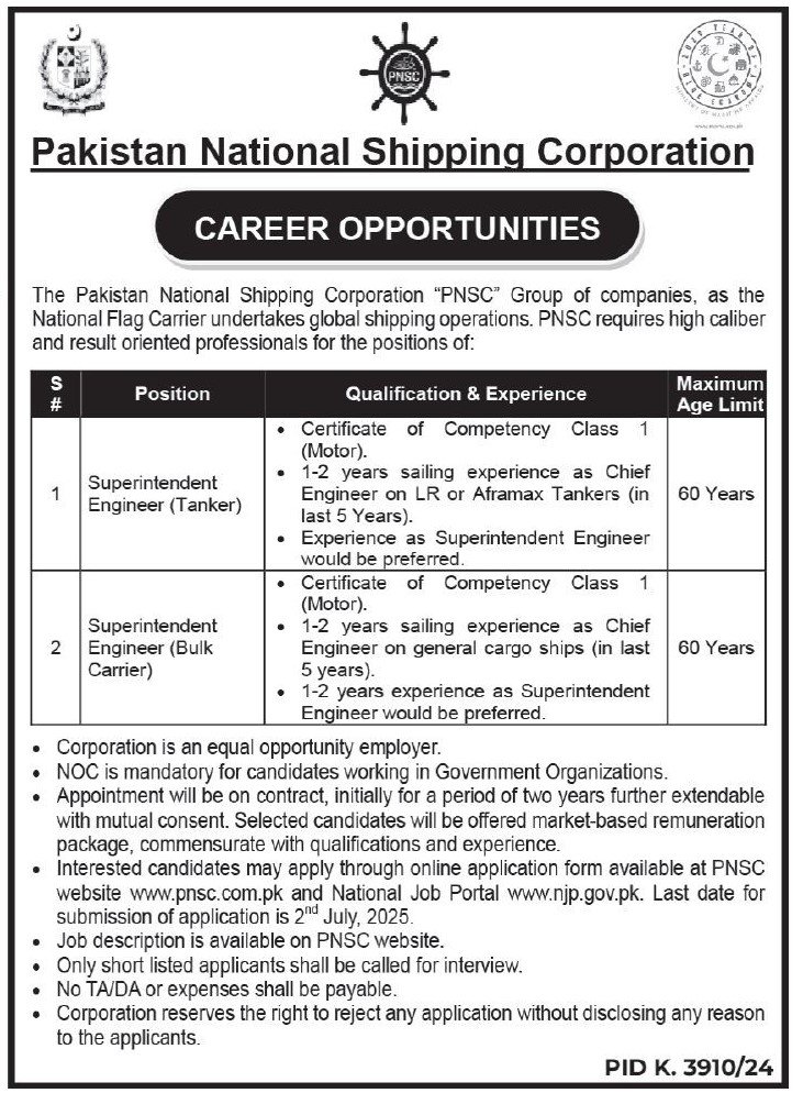 Pakistan National Shipping Corporation PNSC Jobs 2025 – Pakistan National Shipping Corporation Karachi Jobs 2025 — original advertisement