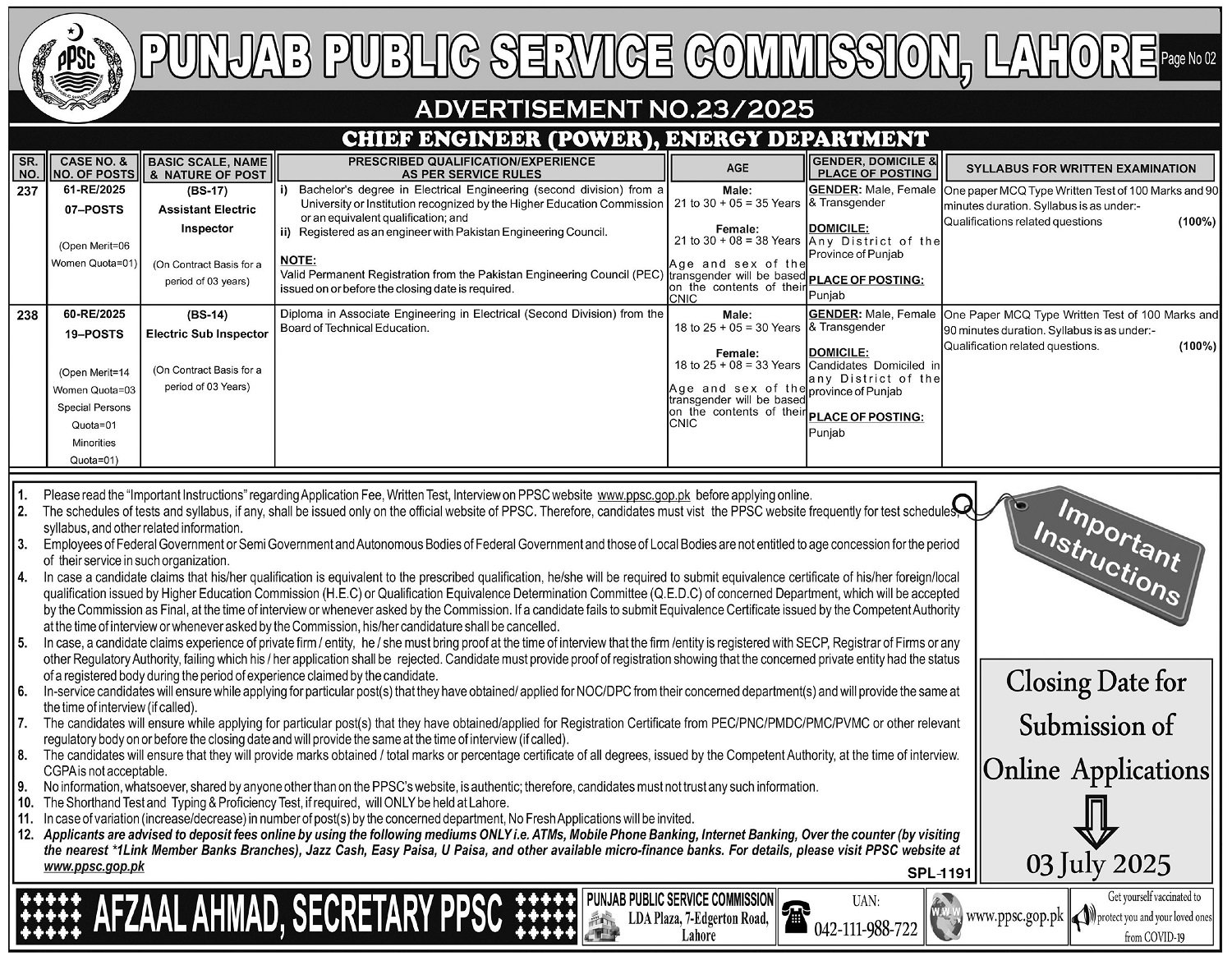 Punjab Public Service Commission PPSC Jobs 23/2025 – Punjab Public Service Commission Lahore Jobs 2025 — original advertisement