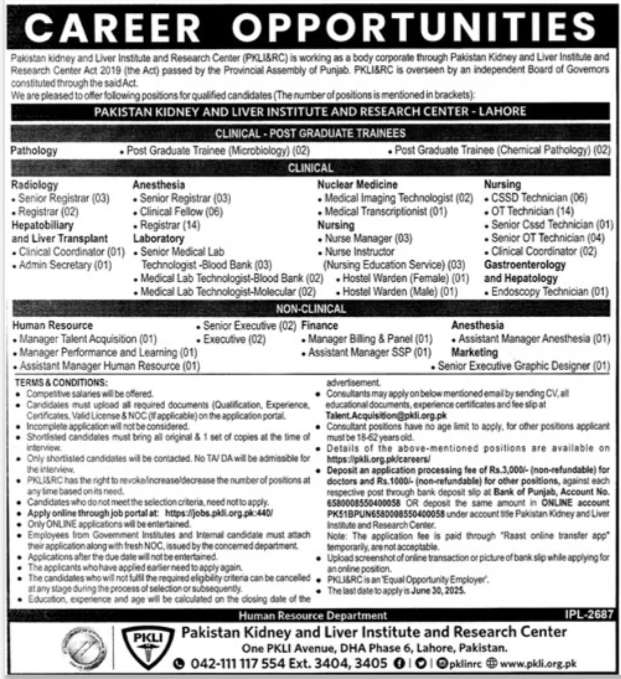 Pakistan Kidney & Liver Institute & Research Centre PKLI Job – Pakistan Kidney And Liver Institute (PKLI) And Research Centre Lahore Jobs 2025 — original advertisement