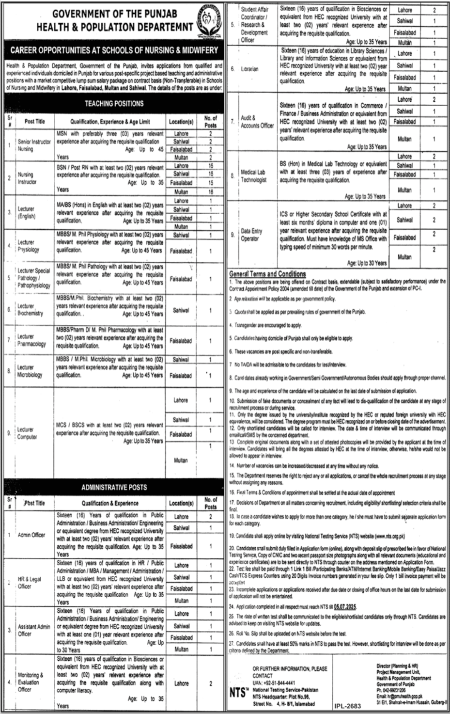 Health & Population Department Lahore Jobs 2025 – Health Department Punjab Jobs 2025 — original advertisement