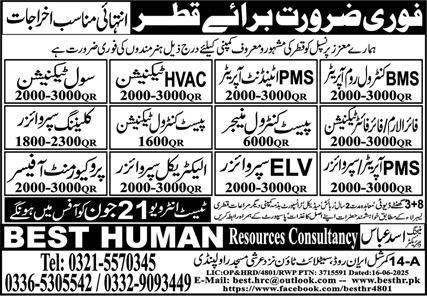 PMS Supervisor & Pest Control Manager Jobs 2025 In Qatar – Best Human Resources Consultancy Jobs 2025 — original advertisement