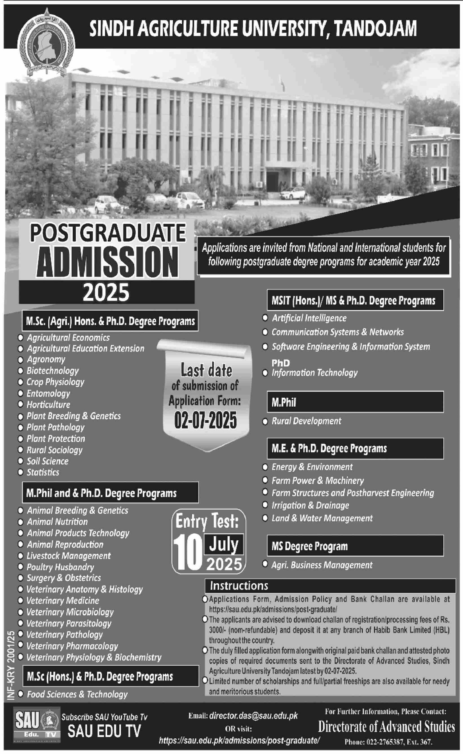 Admission Open in Sindh Agriculture University Tandojam 2025 Admissions 2025 — original advertisement
