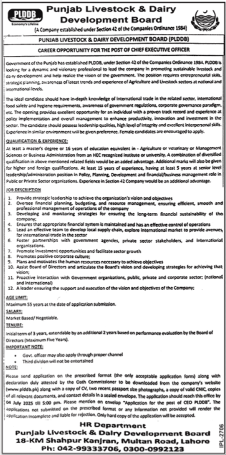 Punjab Livestock & Dairy Development Board PLDDB Job 2025 – Livestock and Dairy Development Department Punjab Jobs 2025 — original advertisement