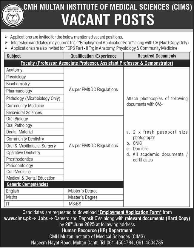CMH Multan Institute Of Medical Sciences CIMS Jobs 2025 – Combined Military Hospital CMH Jobs 2025 — original advertisement