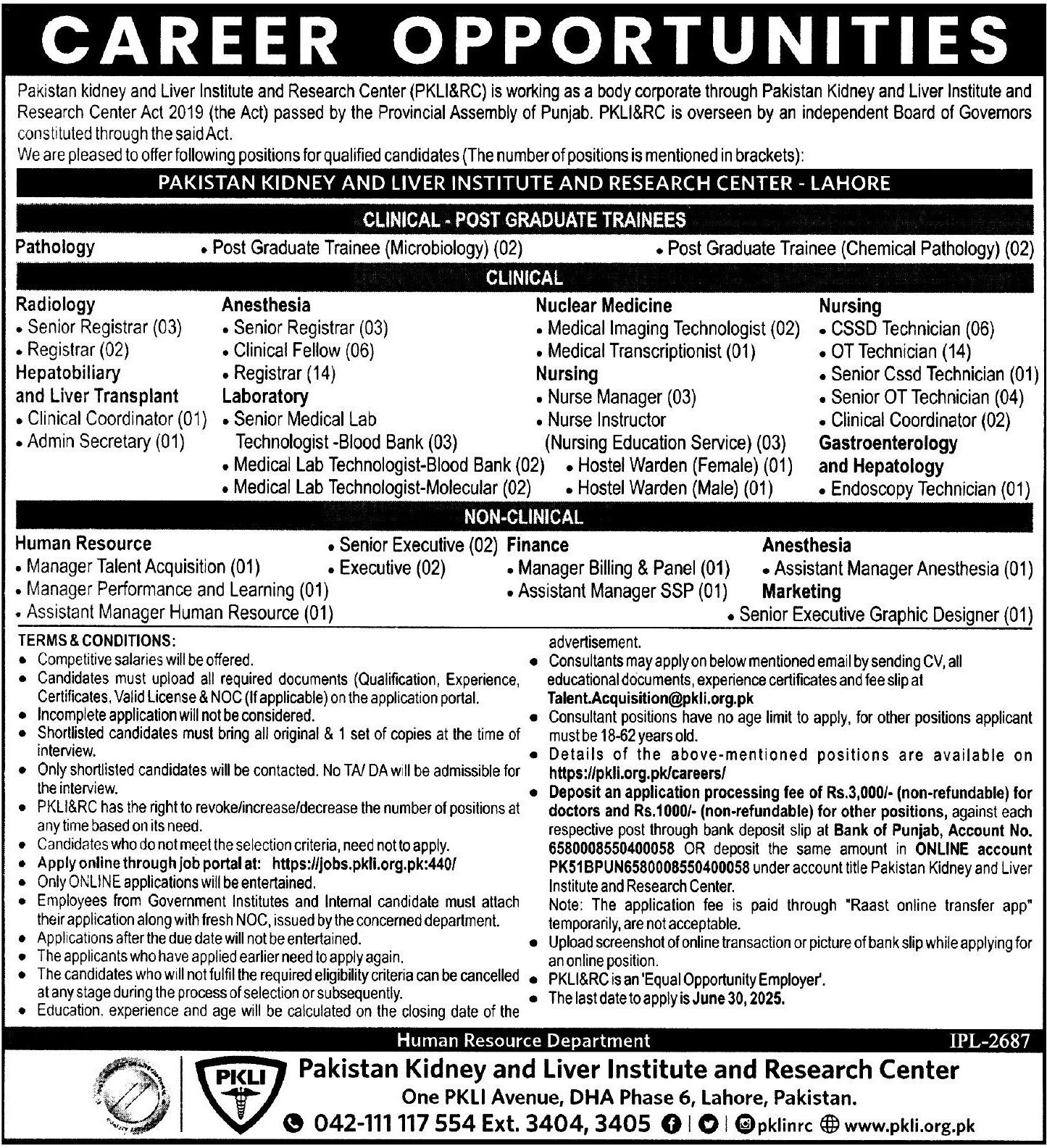 Pakistan Kidney & Liver Institute PKLI & RC Lahore Jobs 2025 – Pakistan Kidney And Liver Institute (PKLI) And Research Centre Lahore Jobs 2025 — original advertisement