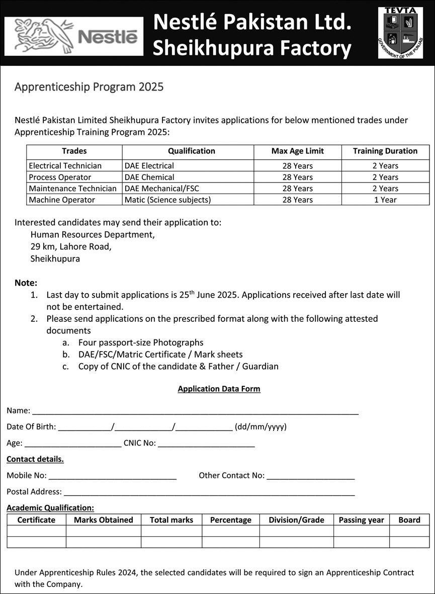 Nestle Pakistan Apprenticeship Program 2025 – National Endowment Scholarship For Talent NEST Jobs 2025 — original advertisement