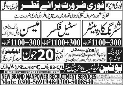 Block Mason & Shuttering Carpenter Jobs 2025 In Qatar – Union Manpower Services Jobs 2025 — original advertisement