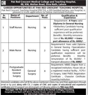Pak Red Crescent Medical & Dental College Lahore Jobs 2025 – Pak Red Crescent Medical College Teaching Hospital Jobs 2025 — original advertisement