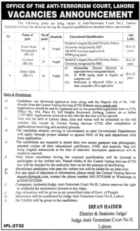 Anti Terrorism Court Lahore Jobs 2025 Jobs 2025 — original advertisement