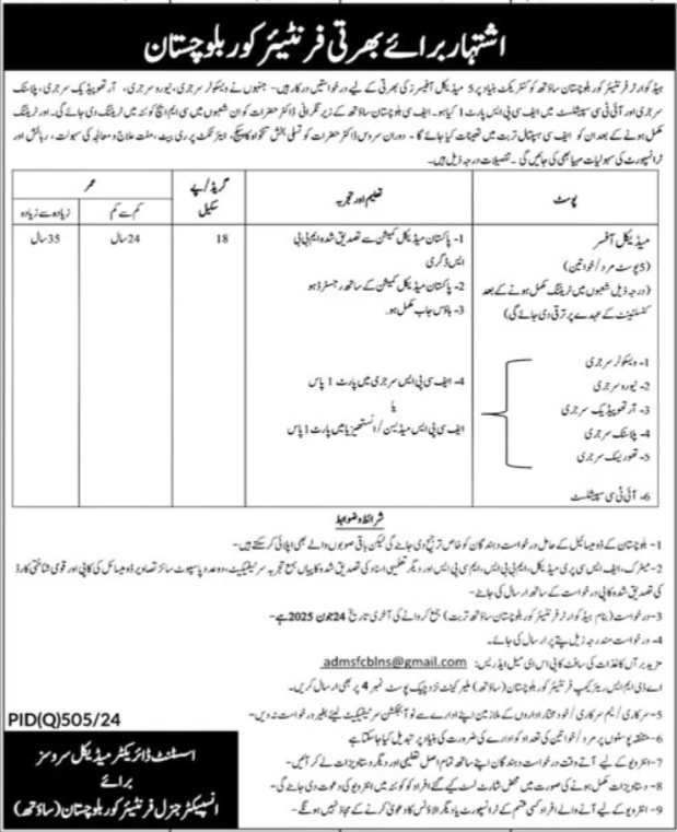 Headquarter Frontier Core Balochistan Job 2025 – Frontier Corps (South) Balochistan Jobs 2025 — original advertisement