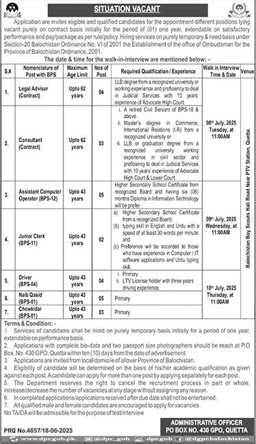 Ombudsman Balochistan PO Box 430 GPO Quetta Jobs 2025 – Provincial Ombudsman Mohtasib Secretariat Balochistan Jobs 2025 — original advertisement