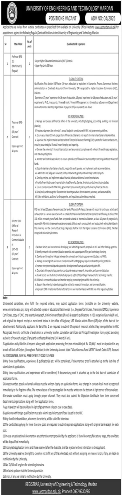 University Of Engineering And Technology UET Mardan Jobs – University of Engineering and Technology Mardan Jobs 2025 — original advertisement