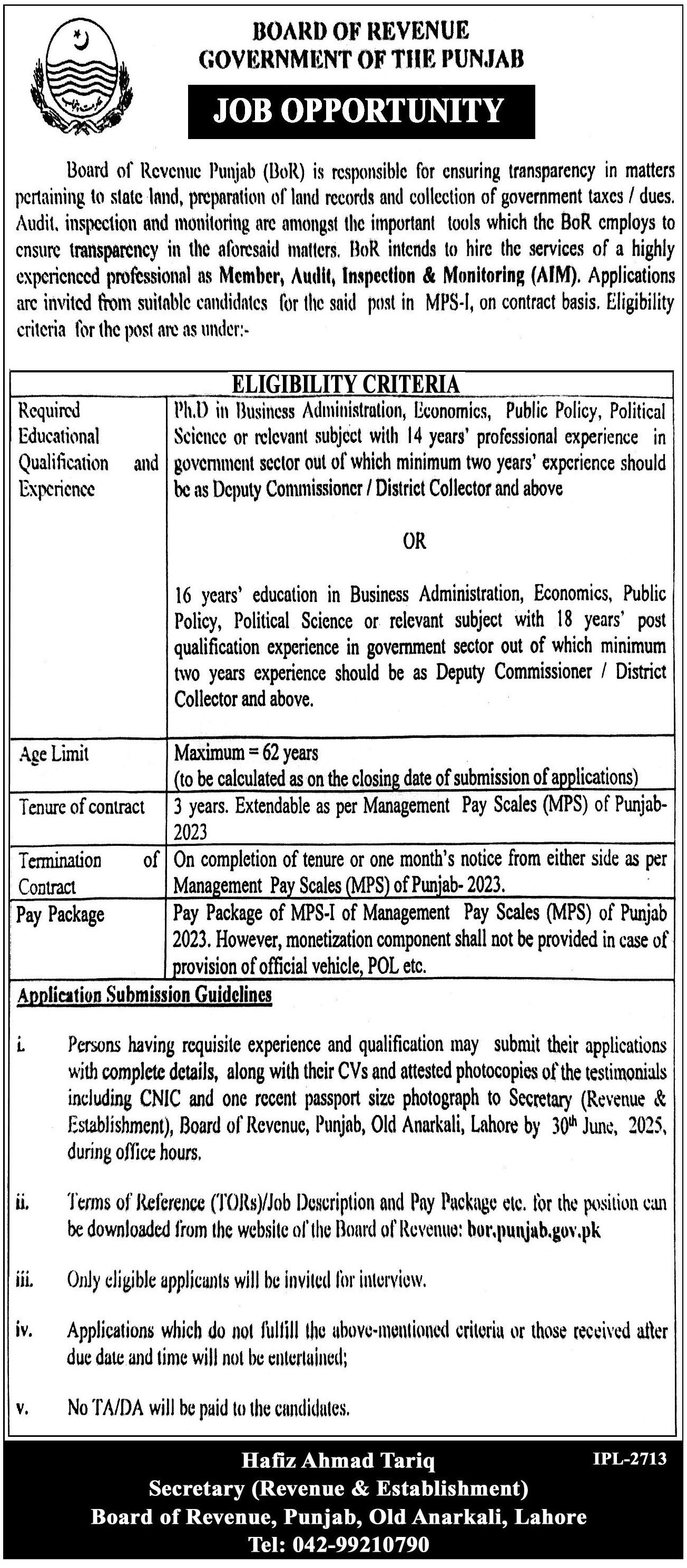 Board Of Revenue BOR Punjab Jobs 2025 – Federal Board of Revenue Jobs 2025 — original advertisement