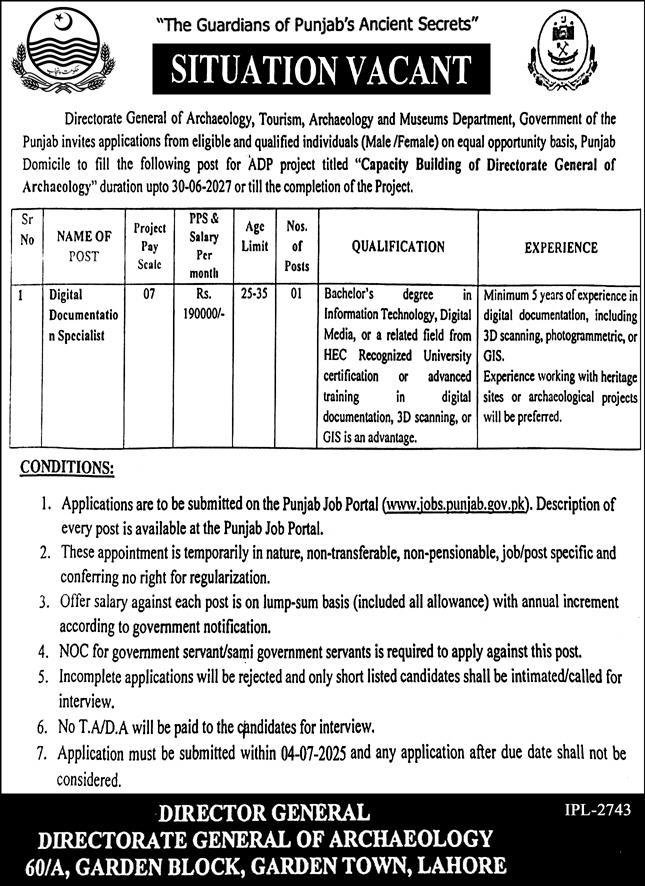 Directorate General Of Archaeology & Museums Jobs 2025 – Youth Affairs, Sports, Archaeology & Tourism Department Punjab Jobs 2025 — original advertisement