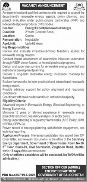 Energy Department Quetta Job 2025 – Energy Department Balochistan Jobs 2025 — original advertisement