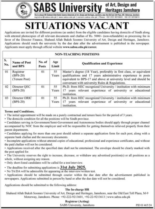 SABS University Of Art Design And Heritages Jamshoro Jobs – Aror university of Art Architecture Design & Heritages Sukkur Jobs 2025 — original advertisement