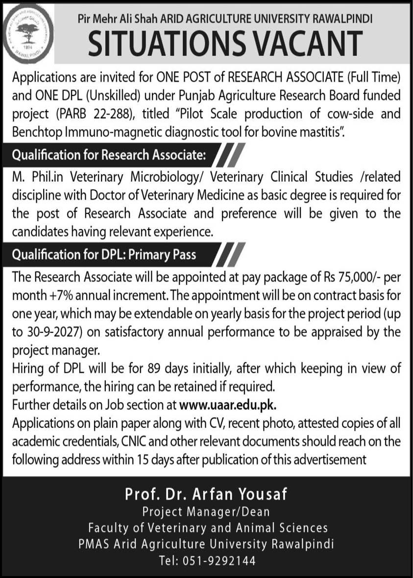 Pir Mehr Ali Shah Arid Agriculture University Rawalpindi Job – Pir Mehr Ali Shah Arid Agriculture University Rawalpinid Jobs 2025 — original advertisement