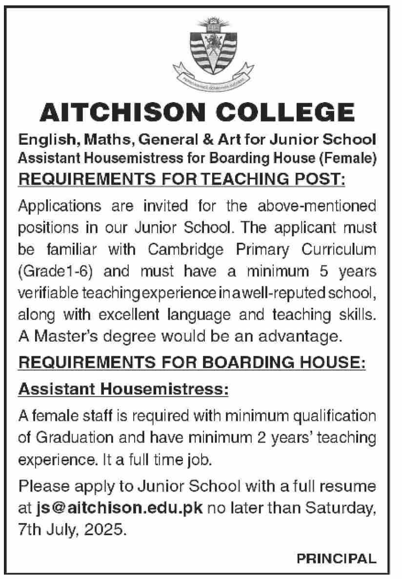 Aitchison College Job 2025 – Aitchison College Lahore Jobs 2025 — original advertisement