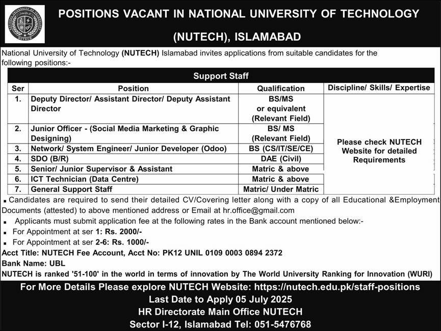 National University Of Technology NUTECH Islamabad Jobs 2025 Jobs 2025 — original advertisement
