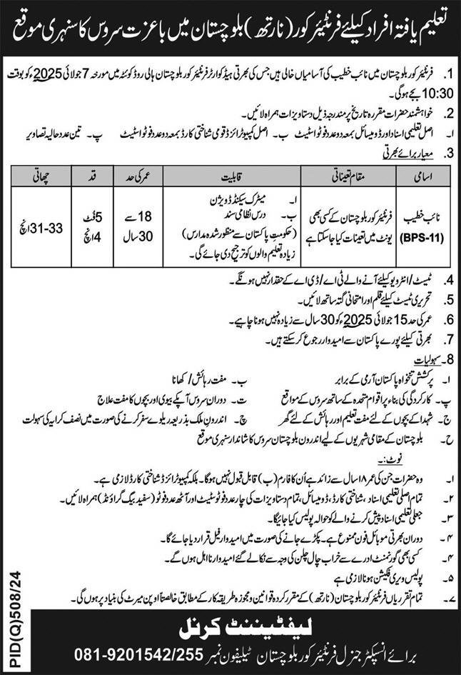 Frontier Core FC Balochistan Jobs 2025 For Naib Khateeb – Frontier Corps (South) Balochistan Jobs 2025 — original advertisement