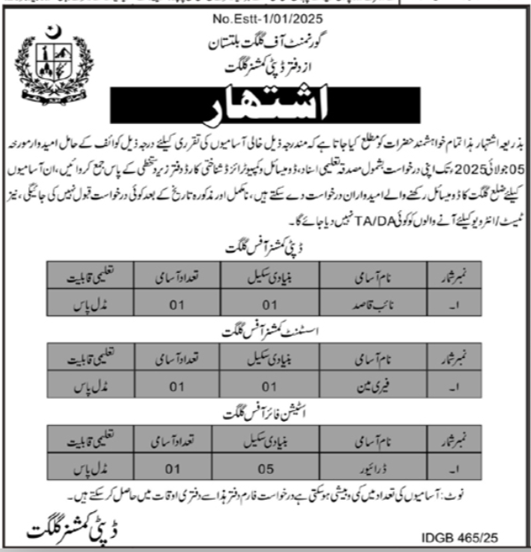 Deputy Commissioner DC Gilgit Jobs 2025 For Naib Qasid – Revenue Department Gilgit Baltistan Jobs 2025 — original advertisement