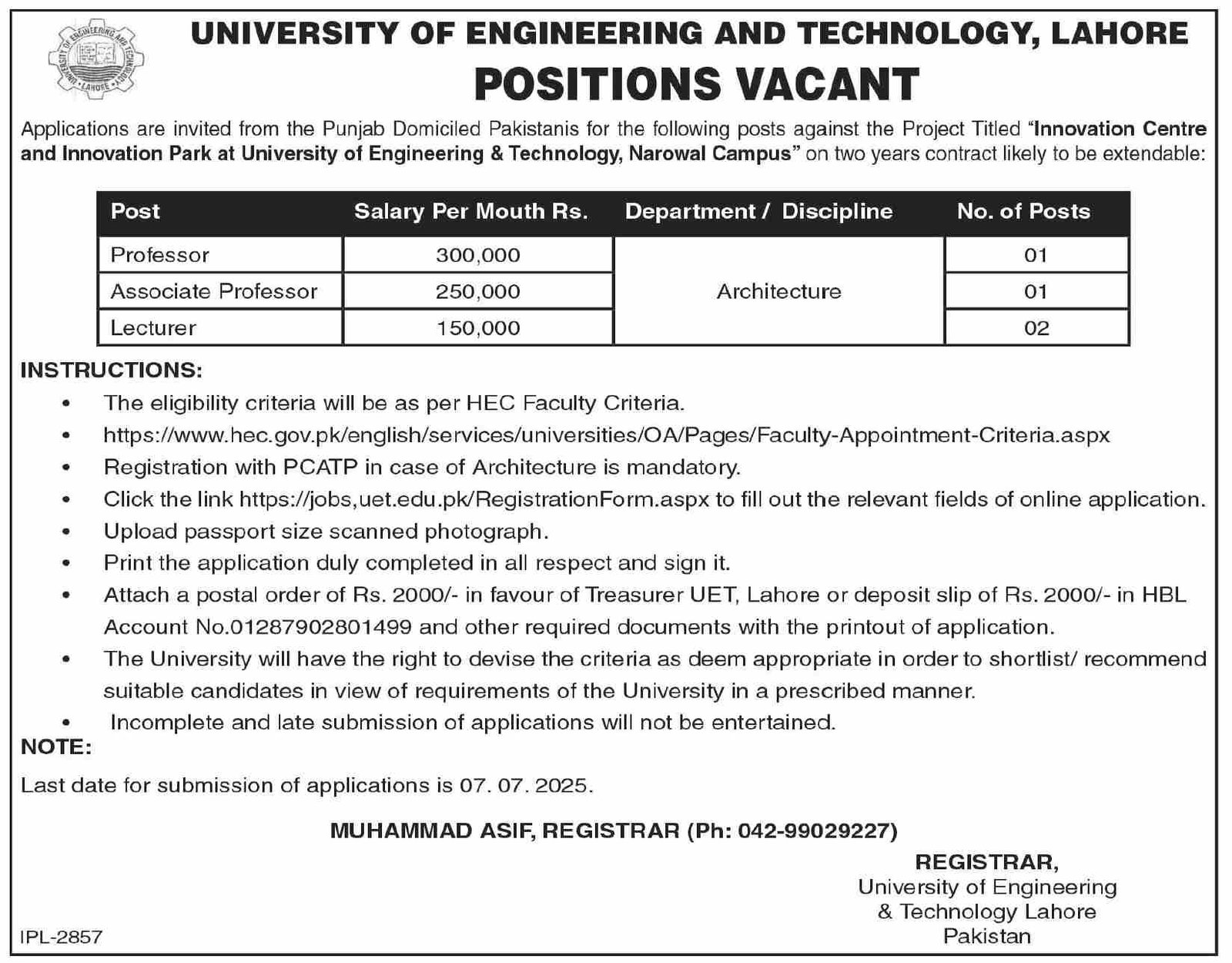 University of Engineering and Technology UET Jobs – University of Engineering  & Technology Lahore Jobs 2025 — original advertisement