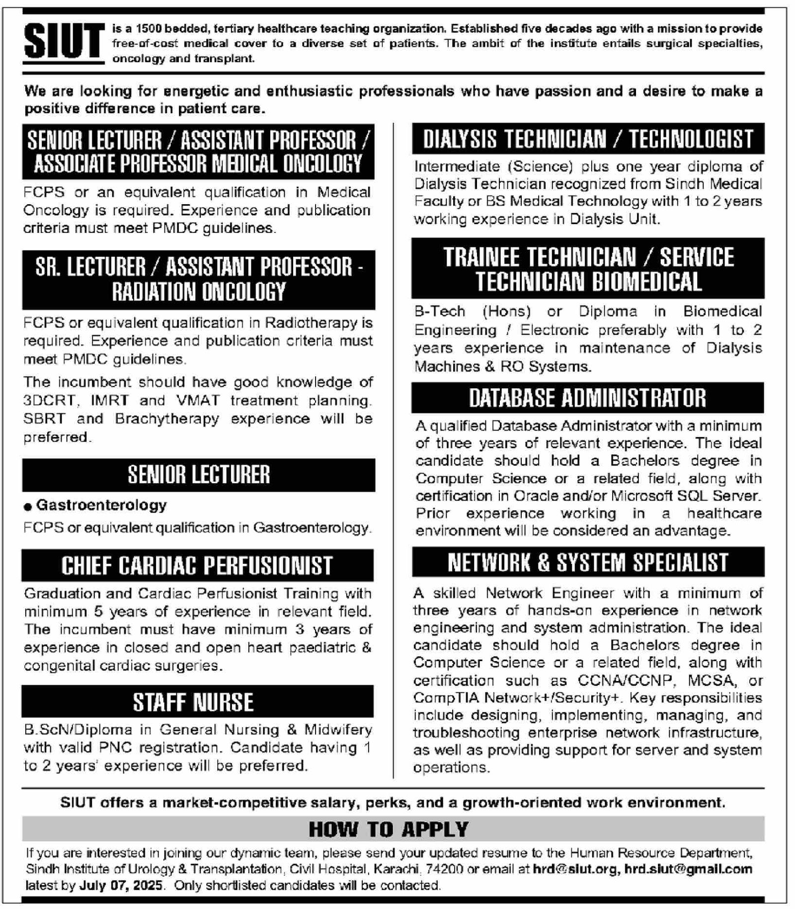 Sindh Institute Of Urology And Transplantation Jobs – Sindh Institute of Urology and Transplantation SIUT Karachi Jobs 2025 — original advertisement