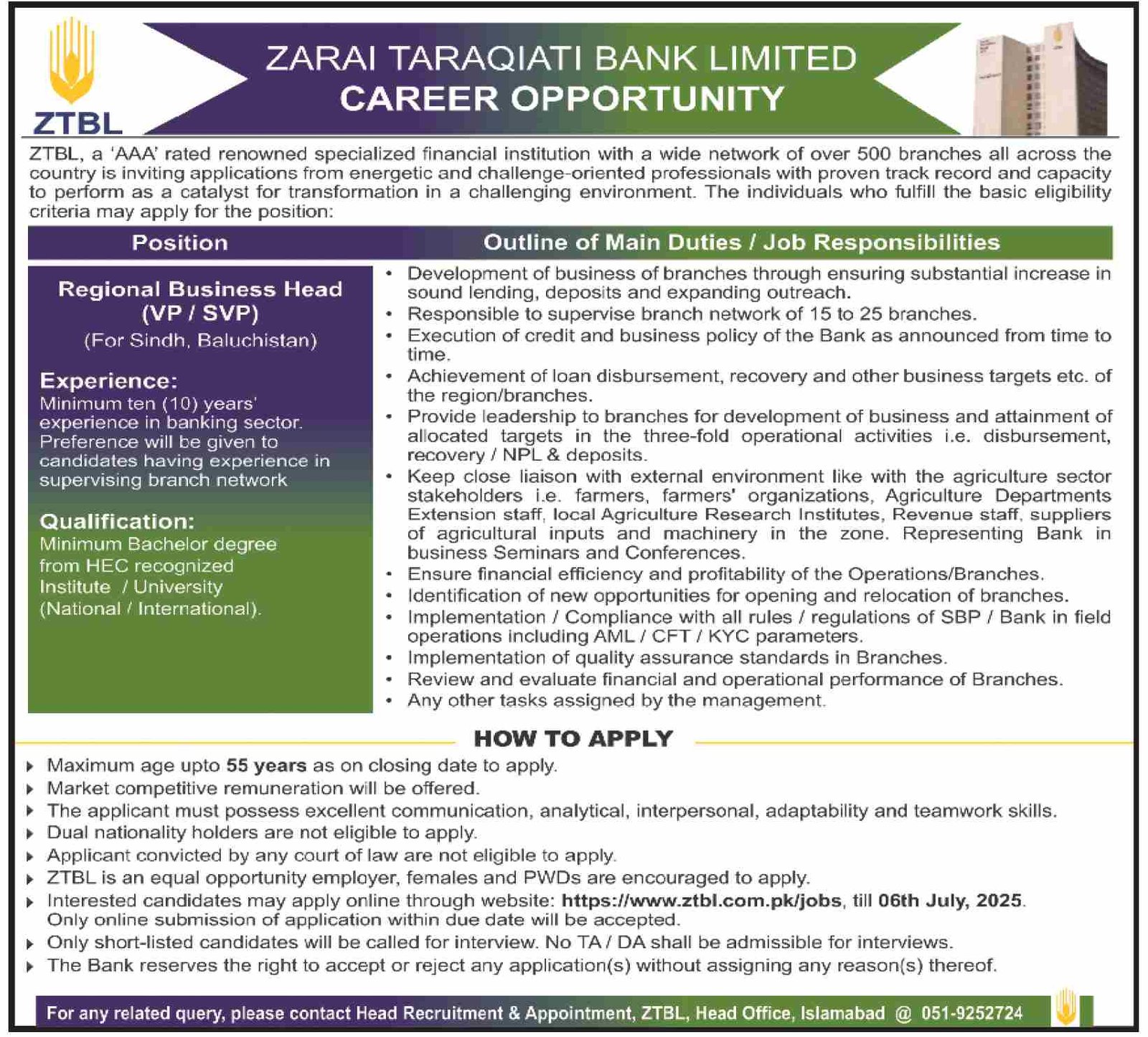 Zarai Taraqiati Bank Limited ZTBL Islamabad Jobs 2025 Jobs 2025 — original advertisement