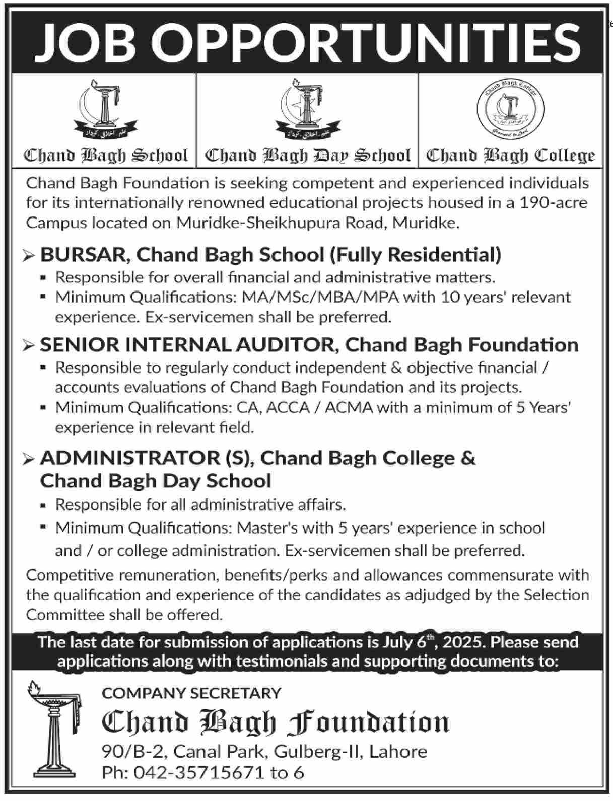 Chand Bagh Foundation Lahore Jobs 2025 – Public Sector Organization Jobs 2025 — original advertisement