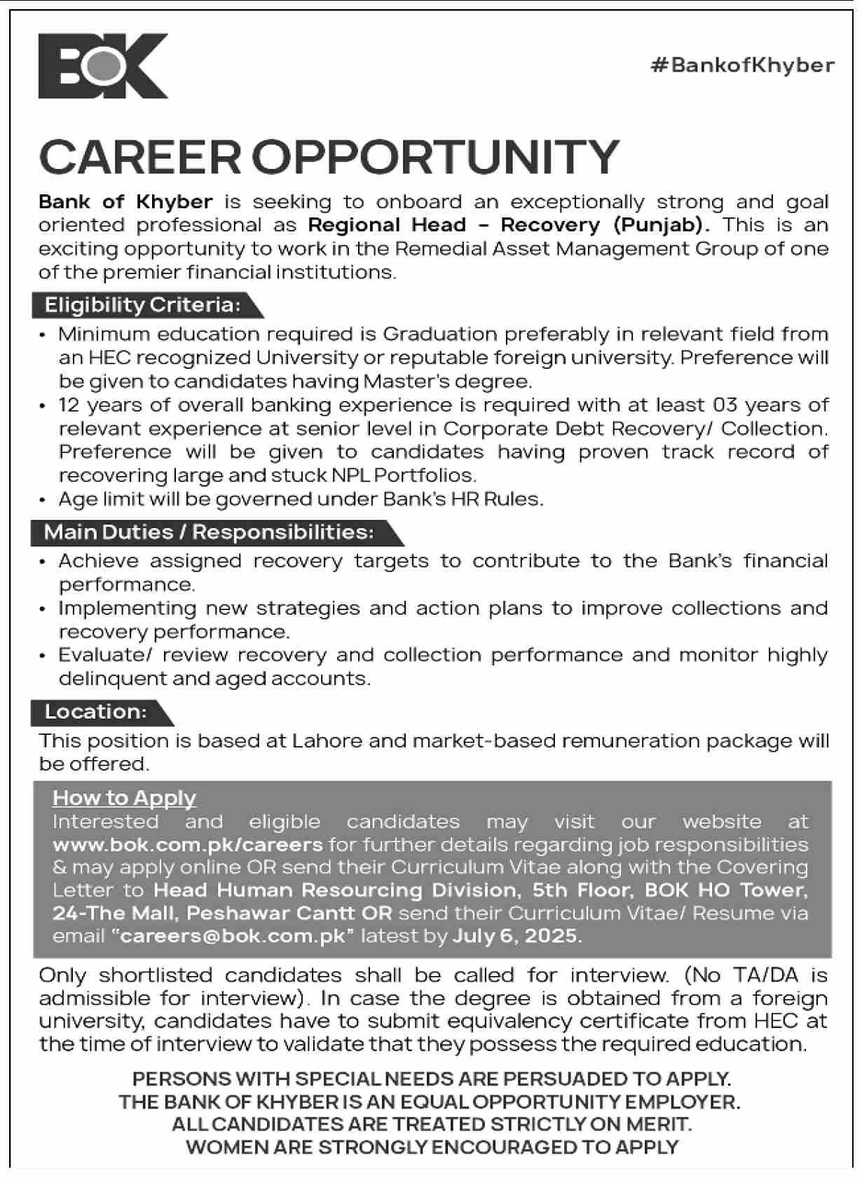 The Bank of Khyber BOK Peshawar Jobs 2025 Jobs 2025 — original advertisement