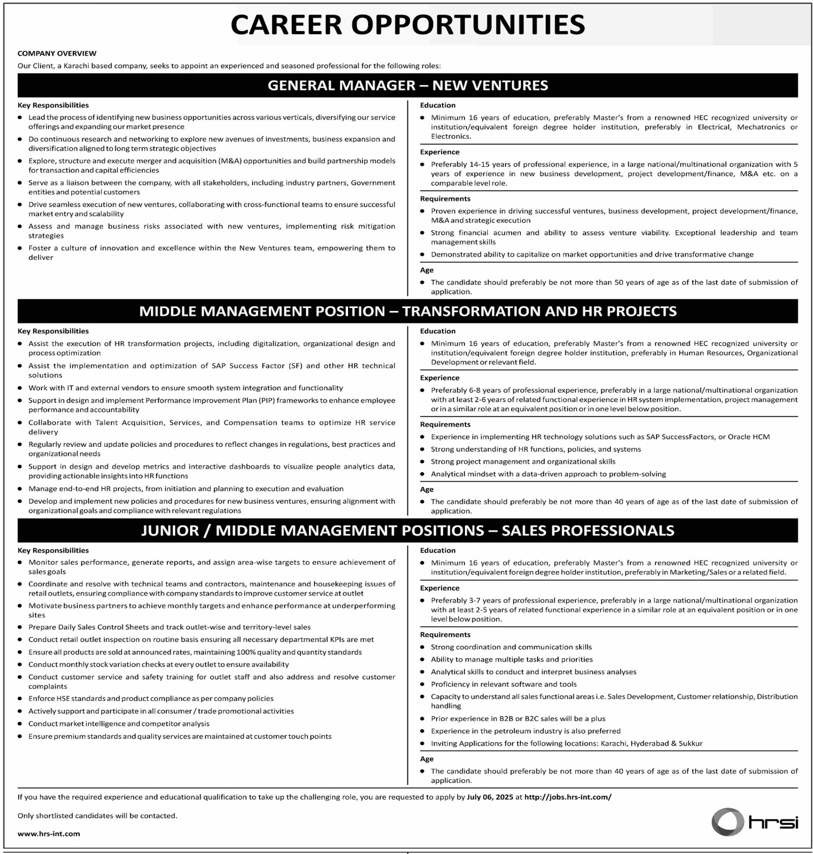 Human Resource Solutions International HRSI Karachi Job 2025 – HRSG People and Business karachi Jobs 2025 — original advertisement