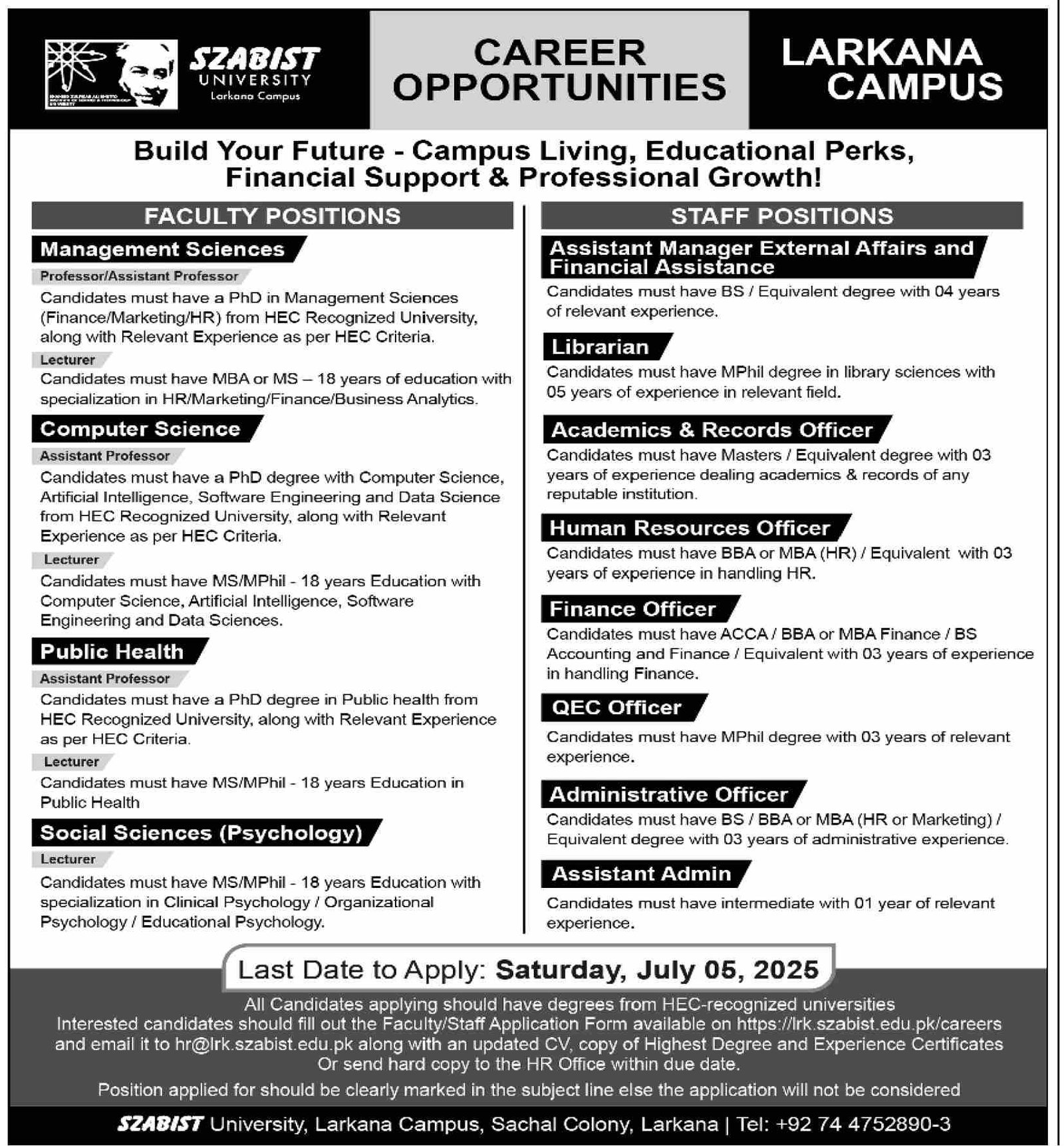 Shaheed Zulfiqar Ali Bhutto Institute of Technology Jobs – Shaheed Zulfiqar Ali Bhutto University of Law Karachi Jobs 2025 — original advertisement