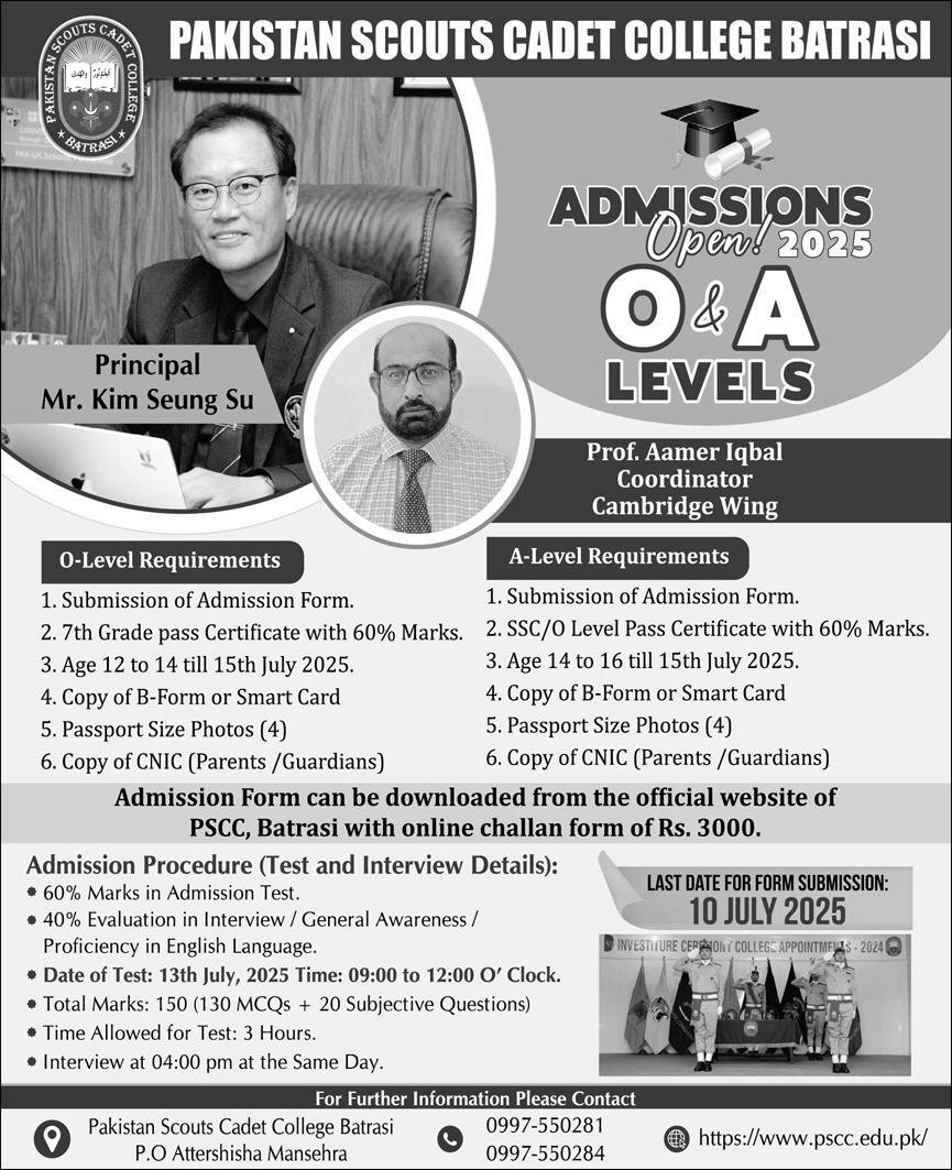 Admission Open in Pakistan Scouts Cadet College Batrsi 2025 – Pakistan Scouts Cadet College Batrasi Mansehra Admissions 2025 — original advertisement