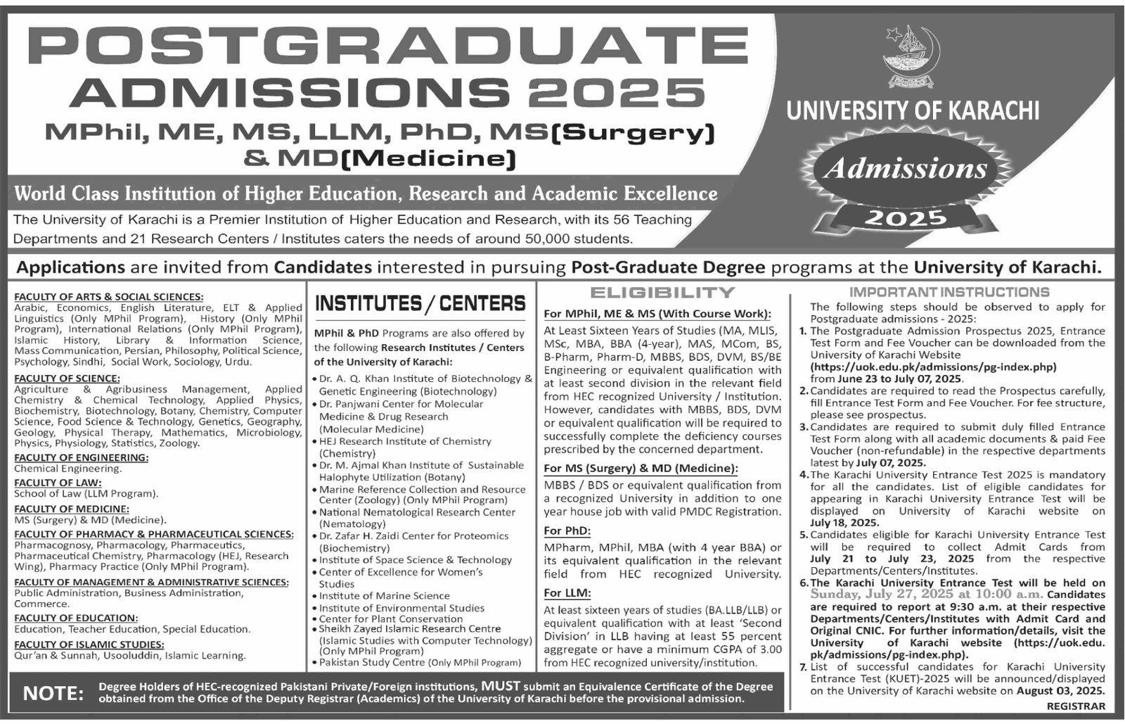 Admission Open in University of Karachi Sindh 2025 Admissions 2025 — original advertisement