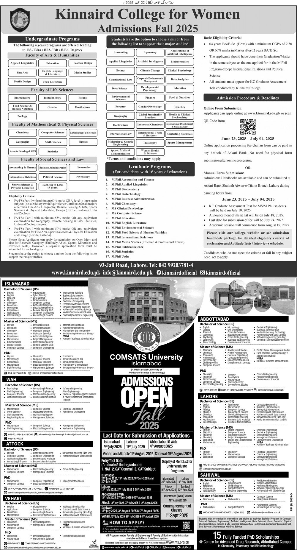 Admission Open in Kinnarid College For Women 2025 – Punjab Kinnaird College for Women Lahore Admissions 2025 — original advertisement