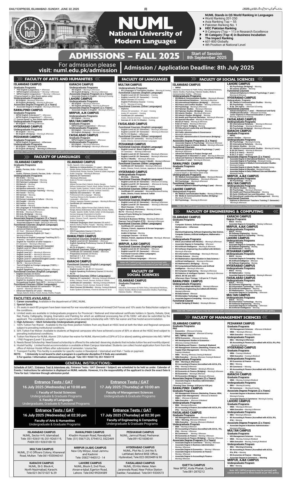 National University of Modern Languages 2025 – National University of Modern Languages Islamabad Admissions 2025 — original advertisement