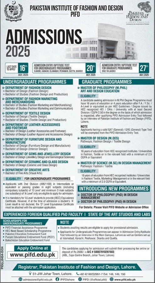 Admission Open in Pakistan Institute of Fashion Design Pifd – Pakistan Institute of Development Economics (PIDE) Admissions 2025 — original advertisement
