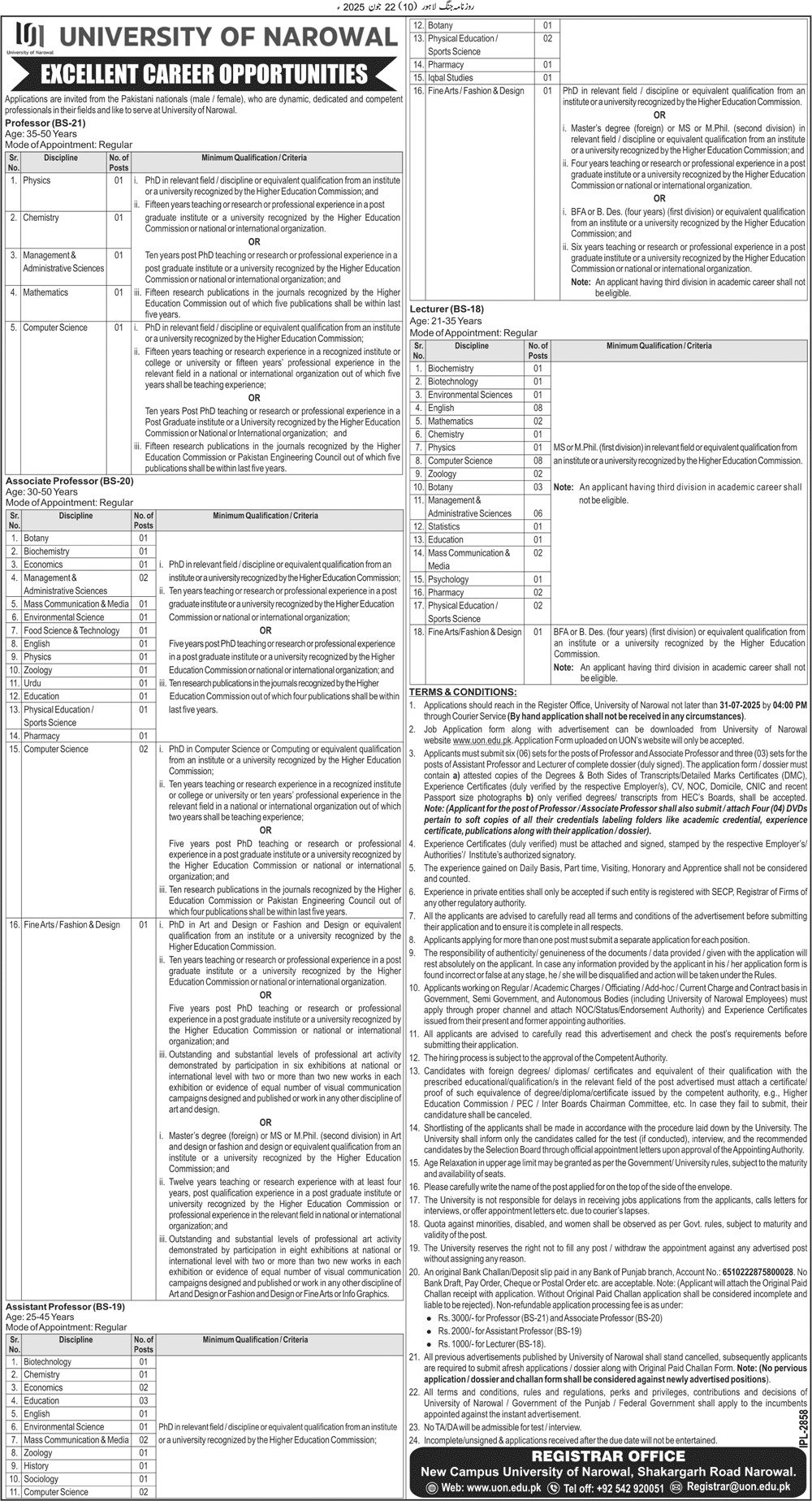 University of Narowal Punjab Jobs 2025 Jobs 2025 — original advertisement