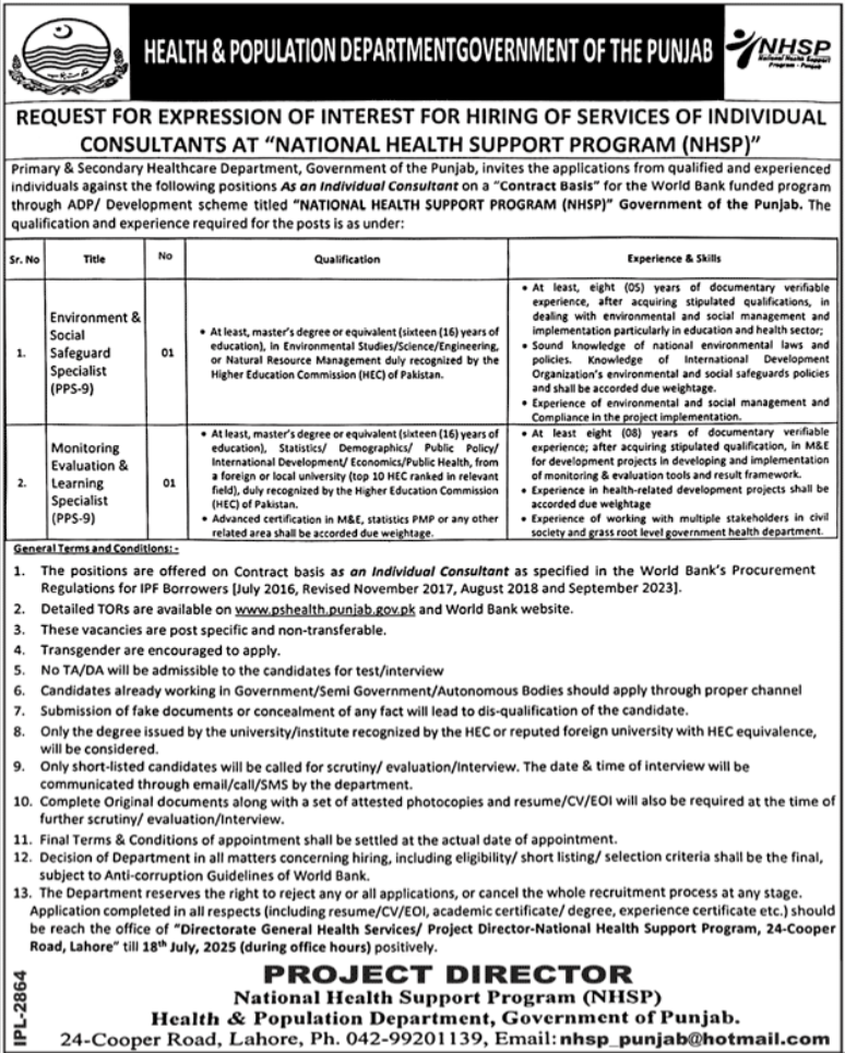 Health & Population Department Lahore Jobs 2025 – Population Welfare Department Punjab Jobs 2025 — original advertisement