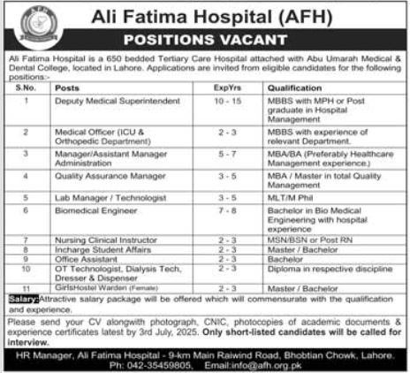 Ali Fatima Hospital AFH Lahore Jobs 2025 – Ali Fatima Hospital (AFH) Jobs 2025 — original advertisement