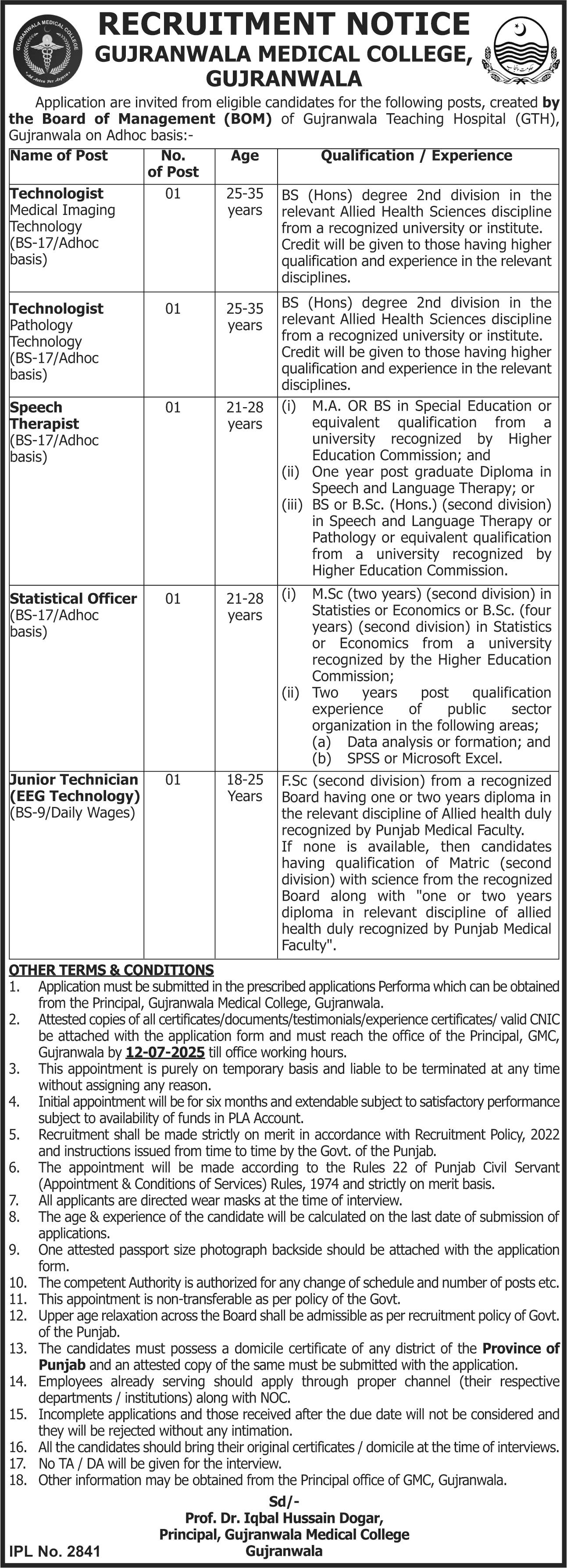 Gujranwala Medical College Jobs 2025 Jobs 2025 — original advertisement