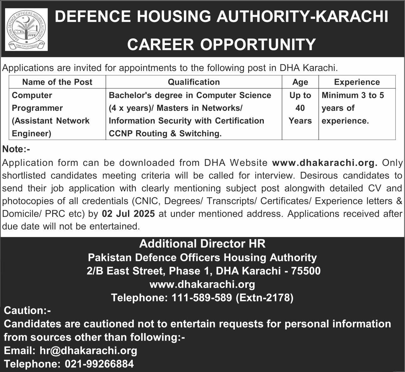 Defence Housing Authority DHA Karachi Job 2025 Jobs 2025 — original advertisement