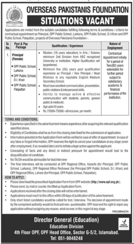 Overseas Pakistanis Foundation OPF Islamabad Job 2025 – Overseas Pakistanis Foundation Islamabad Jobs 2025 — original advertisement