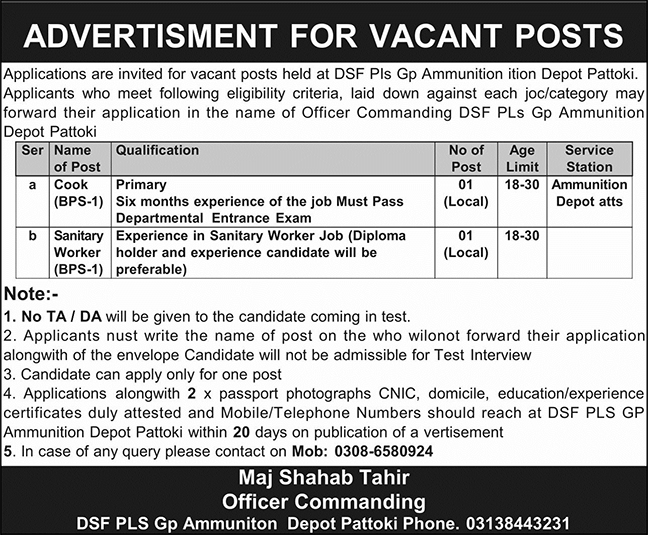 Ammunition Depot Pattoki Jobs 2025 – Pakistan Army Jobs 2025 — original advertisement