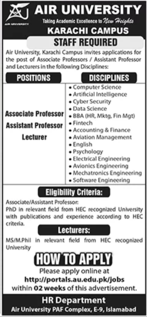 Air University Karachi Jobs 2025 – Air University Multan Campus Jobs 2025 — original advertisement
