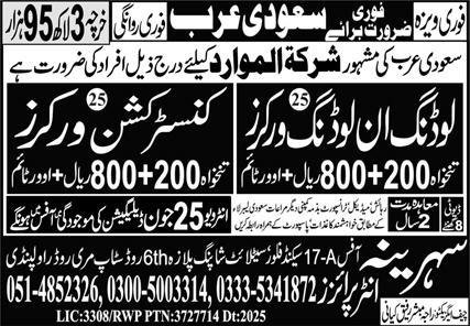 Loading And Unloading Worker And Construction Worker Jobs – Sehrina Enterprises Rawalpindi Jobs 2025 — original advertisement